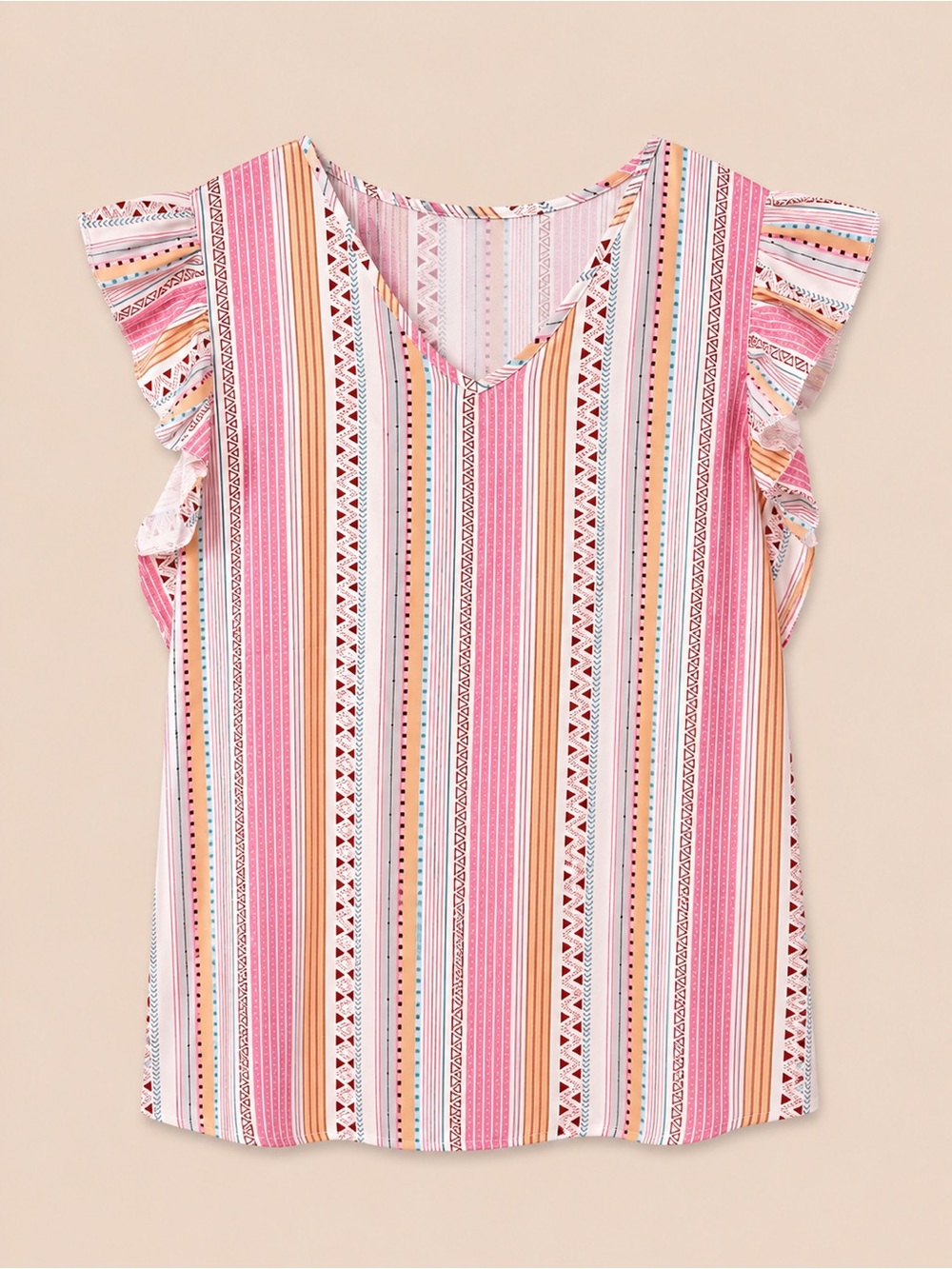 Striped V-Neck Flutter Sleeve Top - Pink Multi